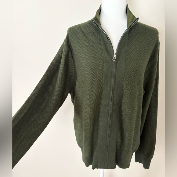 Bonobos Dark Green Herringbone Cotton Cashmere Blend Full Zip Sweater - Picture 1 of 12